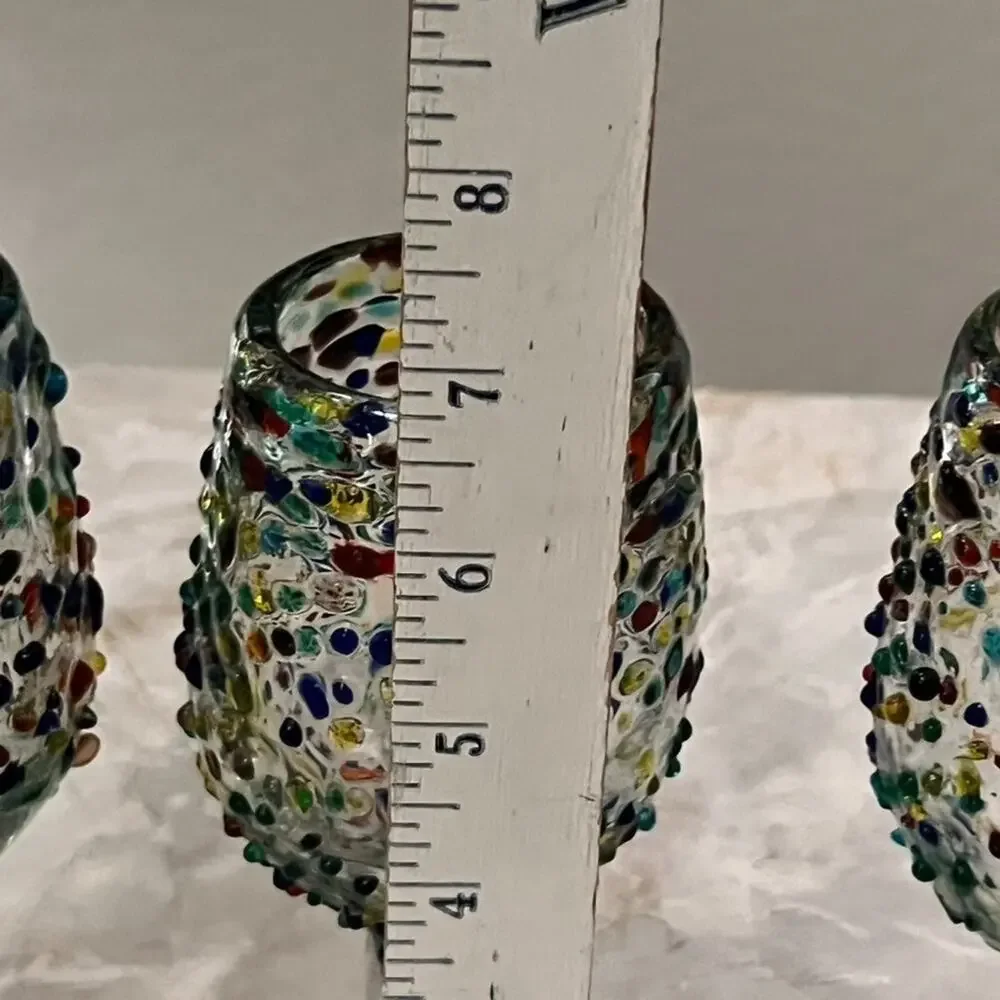 Hand Blown Ball Wine Glasses Colorful Textured Pebble Confetti Design Set of 3
